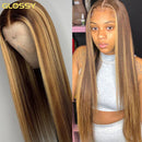 13x6 HD Highlight Glueless Perücke Echthaar Sofort tragbar für Frauen 30 32 Zoll Glatt Honigblond Lace Front Perücken im Angebot