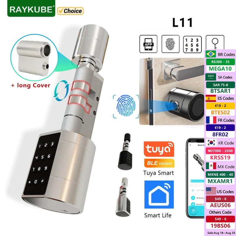 RAYKUBE L11 Tuya BEL Fingerprint Cylinder Electronic Door Lock With Adjustable Cylinder Length Password/Key/Tuya APP Unlok