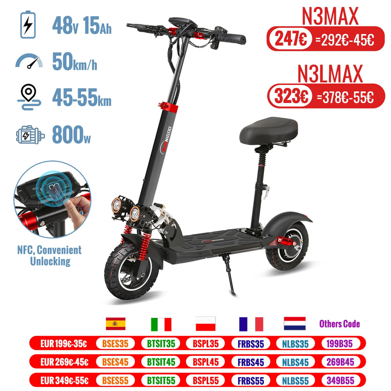 Electric Scooter With Seat 800W Max Speed 45-50km/h Range 35-55km 10inch Off-Road Tires Dual Shock Absorbing Folding EScooter