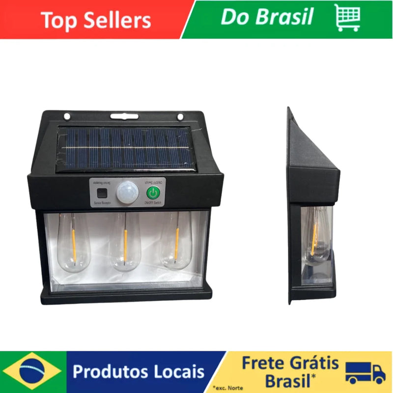 Luminária Solar 3 lampadas com Sensor de Movimento para Parede Externa LED Energia Solar com Filamento Colonial