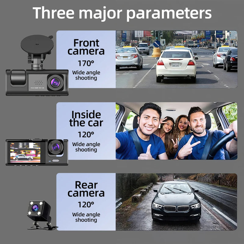 3 Camra Dash Cam for Cars Camera 1080P Car Dvr Vehicle Recorder Video Recorder Front and Rear Camera W/ IR Night Vision Dashcam