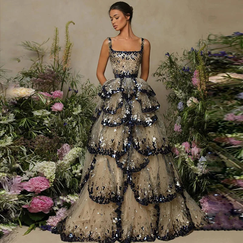 Sharon Said Luxury Dubai Evening Dresses 2024 Tiered Ruffles Sparkly Sequin for Party Dress Gala Formal Gowns SS243 Customized