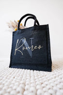 Personalized Black Jute Bag with Initial and Name Bachelorette Party Mother's Day Shopping Bags Teacher Farewell Gift Idea Bag