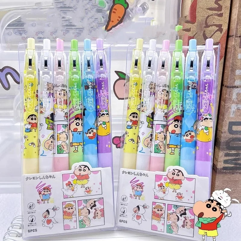 Crayon Shin-chan Black Gel Pen 6Pcs Cartoon Student Stationery Cute Math Pen, School Office Supplies