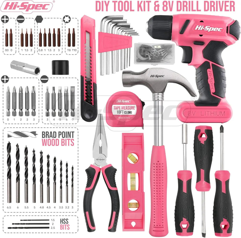 Hi-Spec Drill Set 58pc Pink Tool Set 8V USB Electric Drill Driver & Household Tool Kit.