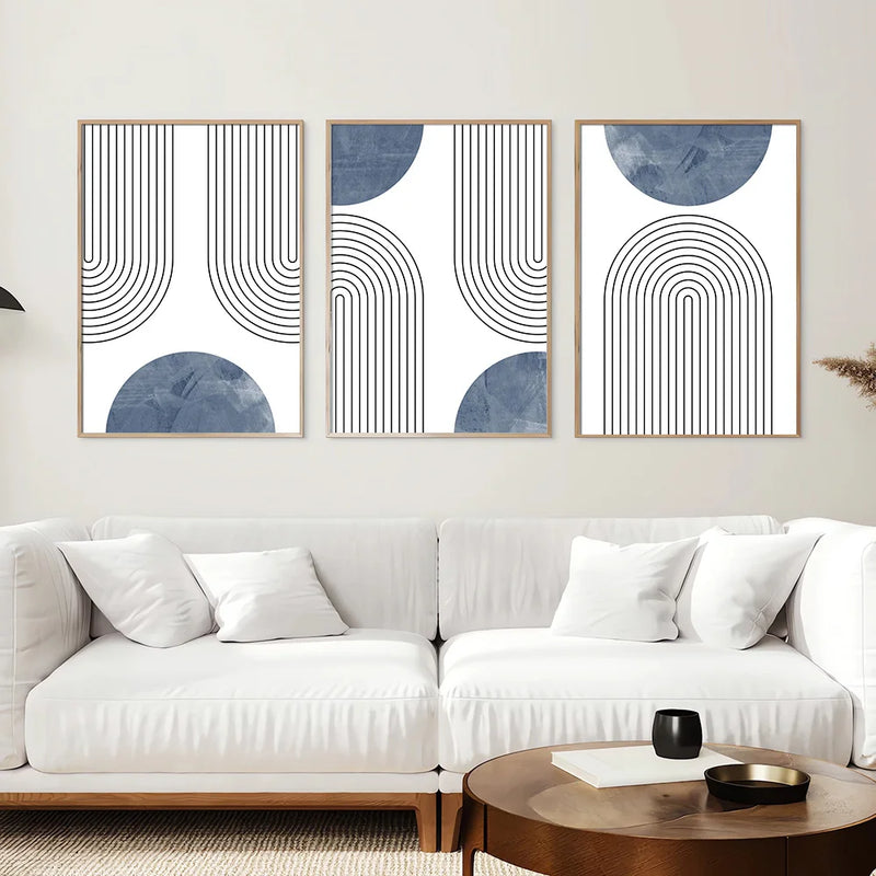 Set of 3 Blue Mid-century Retro Geometric Art Poster Print Boho Simple Line Abstract Wall Decor Painting Minimalist Wall Picture