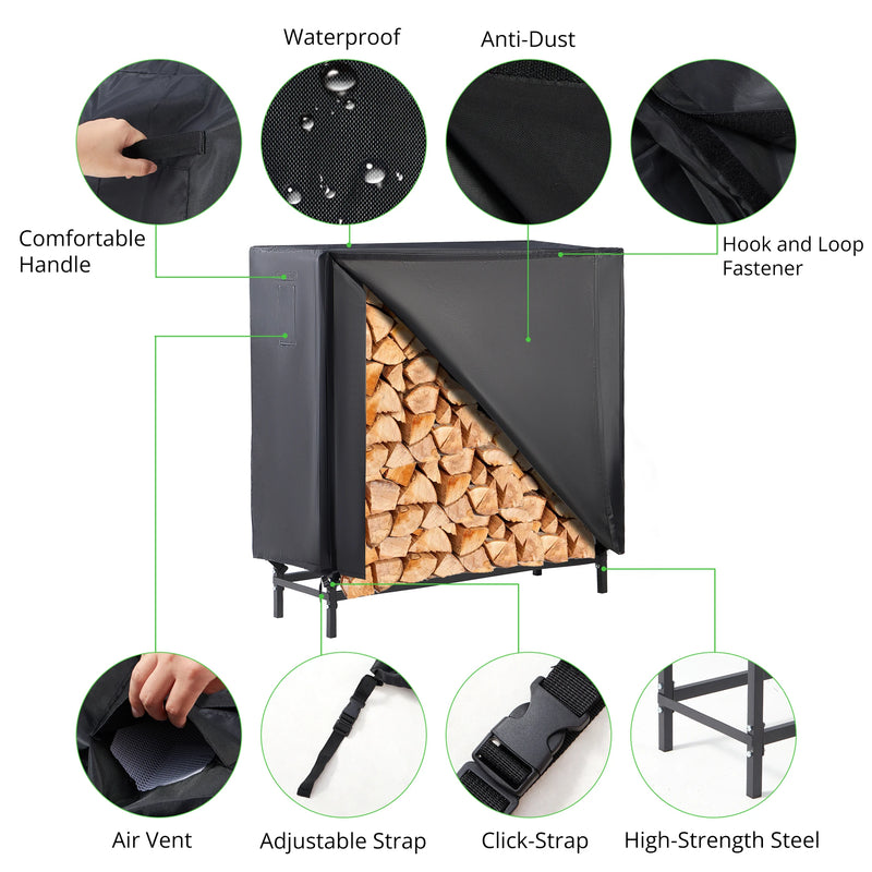 48" Large Metal Indoor Outdoor Fire Wood Log Rack With Cover, Waterproof Firewood Storage, Heavy Duty for Home and Outdoors