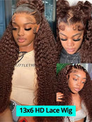 YKB Curly HD 220% 13x6 Chocolate Brown Deep Wave Human Hair Wigs Lace Front Water Wave Transparent Lace Frontal Wig 30 40 Inch