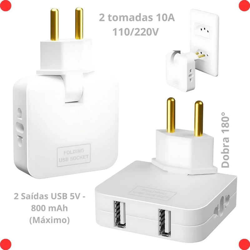 Benjamin Bivolt Socket Adapter with 2 USB Ports-Universal Mobile Phone Charger, Practical and Portable, Ideal for Travel