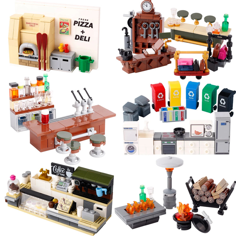 MOC City Bar Counter Building Blocks Kit  Liquor Beer Wine Cabinet Hotel Pizza Oven Kitchen Stove Garbage Can Bricks Toys