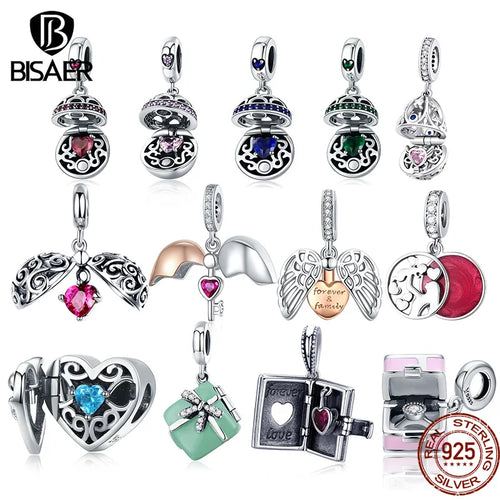 BISAER 925 Sterling Silber zu öffnende Herzanhänger Schlüsselbox Kreis Käfig Anhänger Zirkonia Perlen passend für Armband & Halskette DIY Edelschmuck