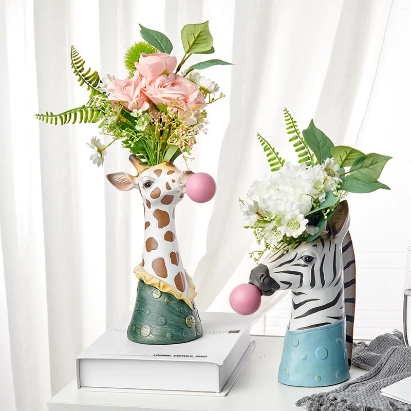 Zebra Giraffe Blowing Bubbles Creative Art Vase Artificial Flower Vase Dried Flower Vase Living Room Table Art Home Decor