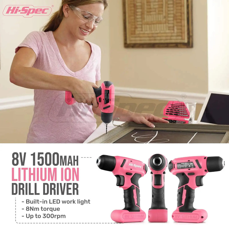 Hi-Spec Drill Set 58pc Pink Tool Set 8V USB Electric Drill Driver & Household Tool Kit.