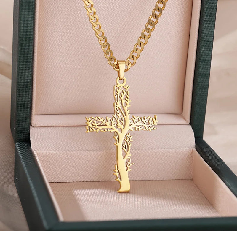 Fashion Creative Cross Wolf Necklace Stainless Steel For Women Choker Branches Tree of Life Design Pendant Necklace Men Jewelry