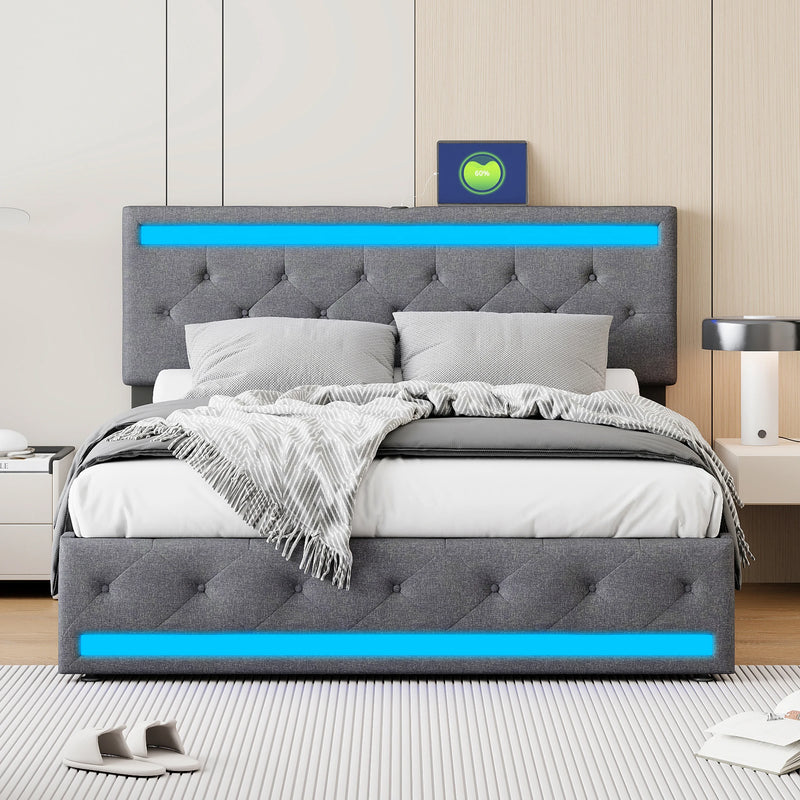 Upholstered bed 140x200 cm with USB charging headboard and LED lighting and 4 drawers, bed frame with double storage