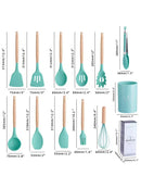 Set of 12 Silicone Kitchen Utensils Spatulas with Wooden Handle