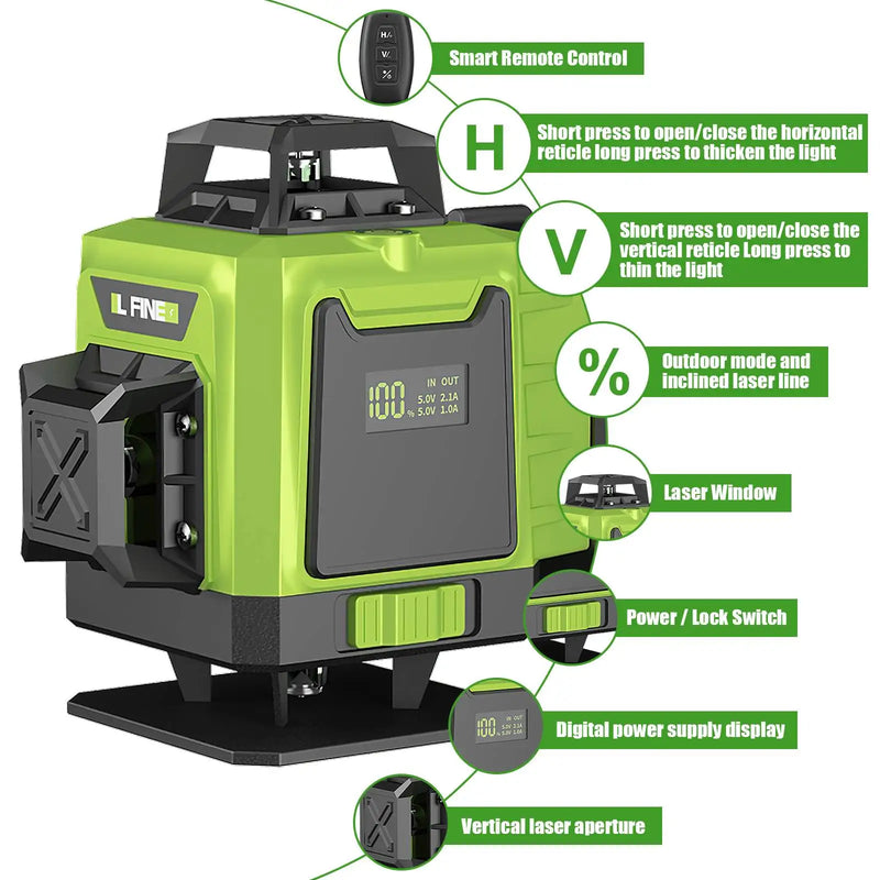 16 Lines 4D Laser Level 12 Lines 3D level 360 ° selflifting Horizontal and Vertical Cross Super power Green Laser Beams