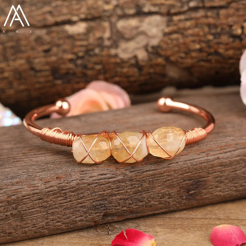 Natural Quartz Stone Beads Gold Bracelets Women Citrines Roses Quartz Chip Beads Open Cuff Bangles Bracelets Friendship Jewelry