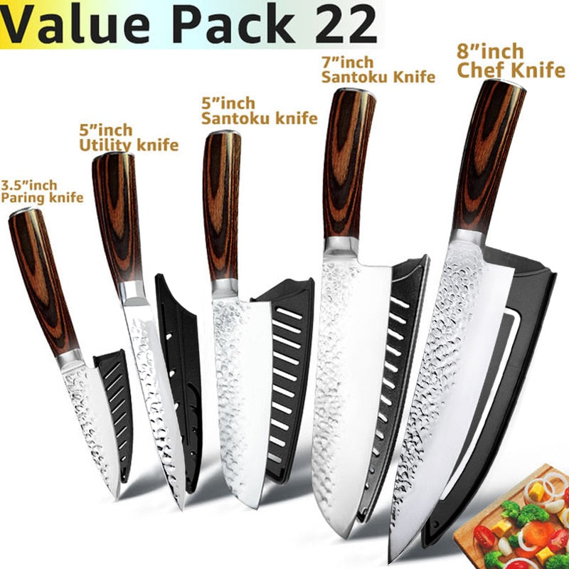 Kitchen Knife Japanese Chef Knives Set 7CR17 High Carbon Stainless Steel Full Tang Hammer Pattern Meat Cleaver Utility Santoku K