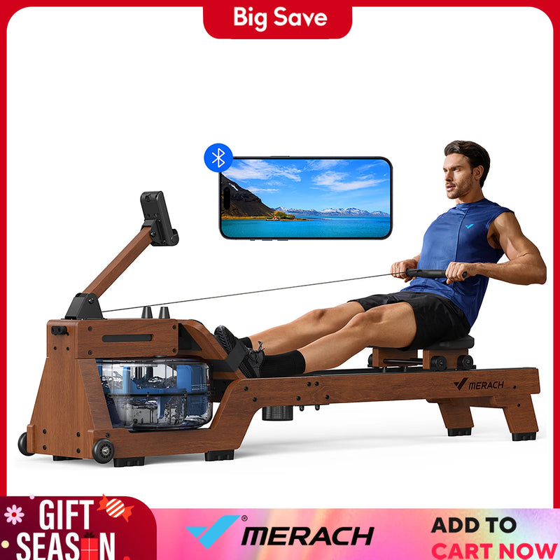 MERACH Water Rowing Machine for Home Use Finest Solid Wood Rower Bluetooth-Connected APP New Upgraded Seat Cushion Max 330lb