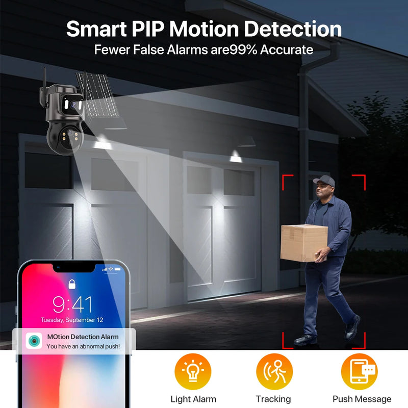 Outdoor 4K HD Built-in Battery Dual Lens Solar WiFi Camera Security Camera Solar Panel Wireless Cam PIR Alarm iCsee