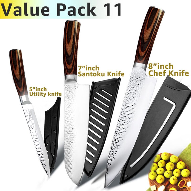 Kitchen Knife Japanese Chef Knives Set 7CR17 High Carbon Stainless Steel Full Tang Hammer Pattern Meat Cleaver Utility Santoku K