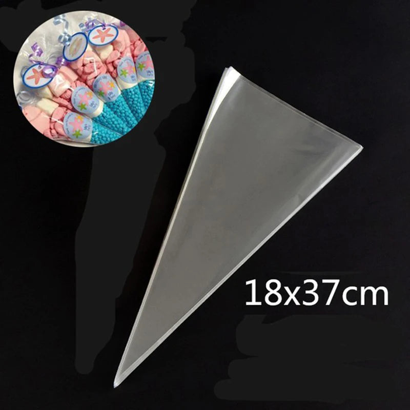 50pcs Cone Candy Bag Transparent Plastic Triangle Ice Cream Cone Candy Popcorn Bag With Kink Gift Bag  Trick Or Treat Packaging