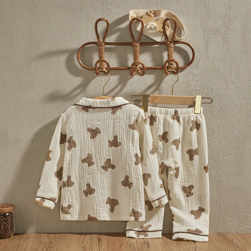 EWODOS 1-6 Years Toddler Baby Kids Unisex Casual Pajama Suit Cartoon Bear Print Long Sleeve Front Pocket Lapel Tops+ Long Pants