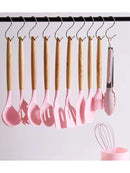 Set of 12 Silicone Kitchen Utensils Spatulas with Wooden Handle