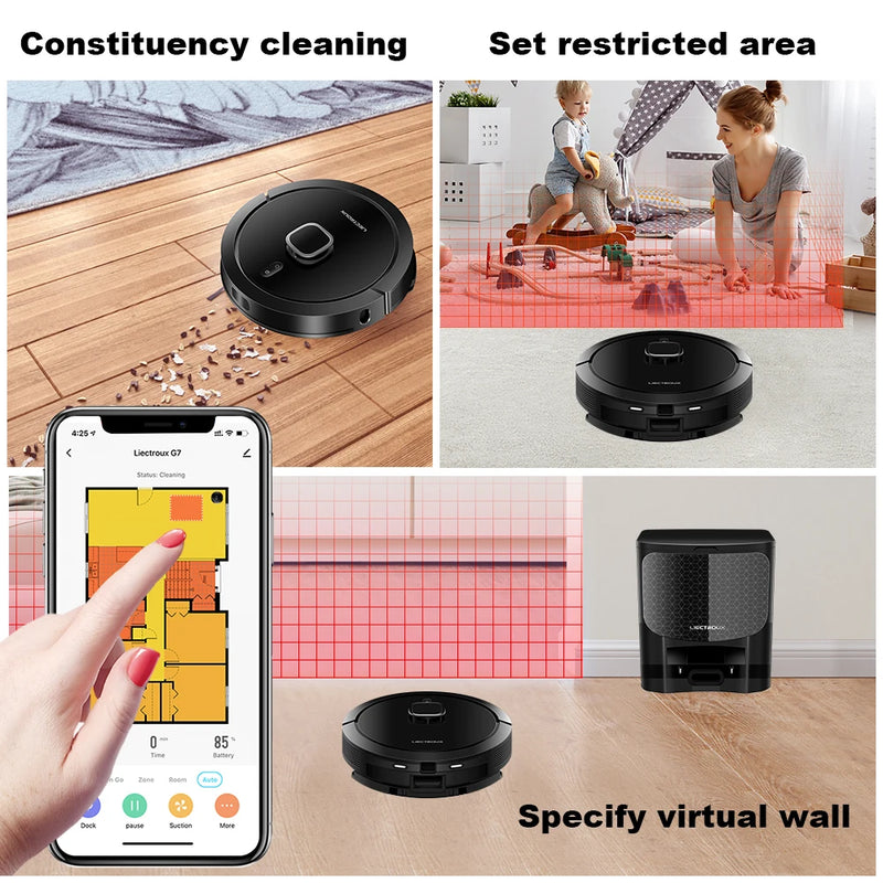 Liectroux G7 LDS Robot Vacuum Cleaner & Mop Combo,Self Empty,Laser Lidar Navigate,Multi-floor Map,6.5KPa,Carpet Boost,180Min Run