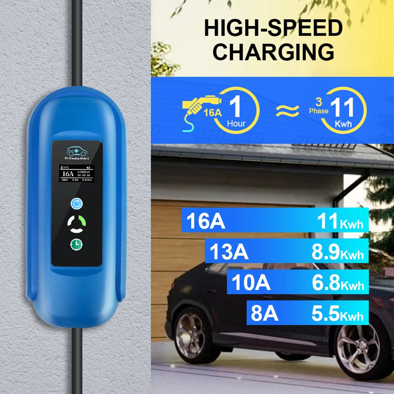 Kolanky EV Charger 16A 11KW Type 2 IEC-62169 Plug Adjust Current Timer Charging For Hybrid Eletric Vehicle Cars 5M Cable