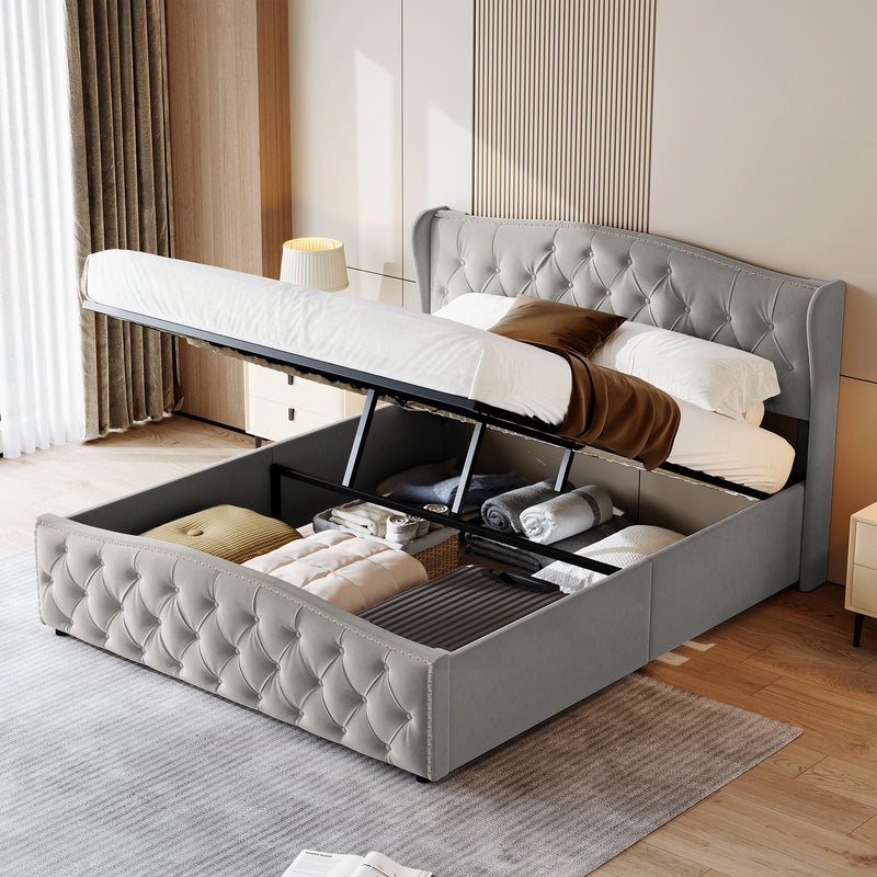 Upholstered storage bed 140x200cm, Double bed with slatted base, Headboard with decorative buttons and rivet, velvet fabric