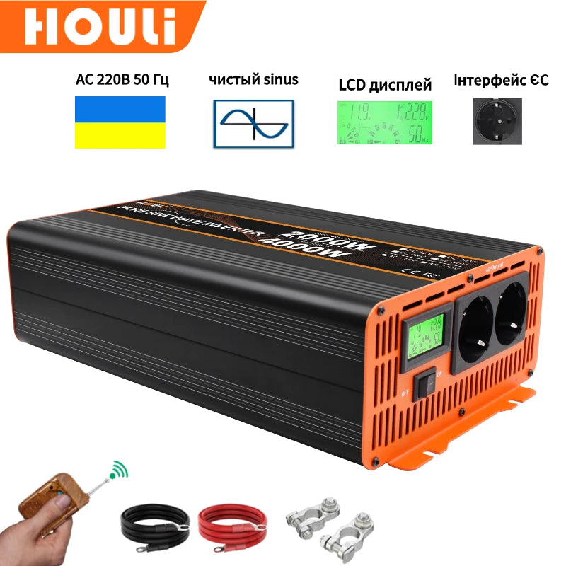 HOULI Pure Sine Wave 12v 230v Inverter 3000W 4000W Power Converter Transformador Universal EU Car Inversor Multi-function Socket