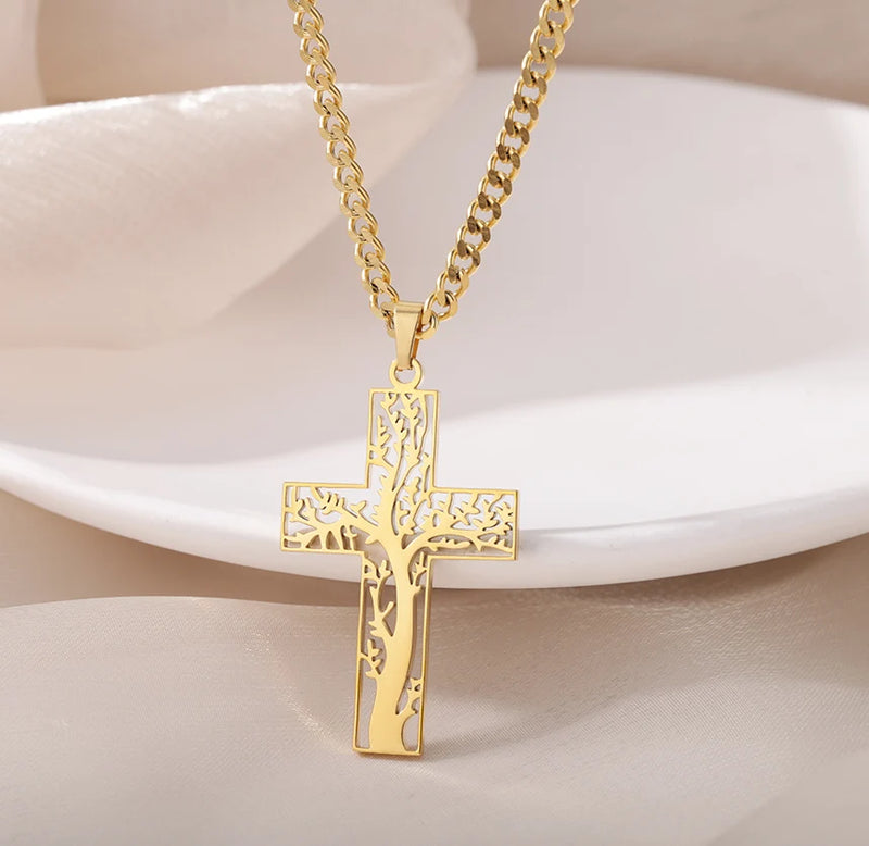 Fashion Creative Cross Wolf Necklace Stainless Steel For Women Choker Branches Tree of Life Design Pendant Necklace Men Jewelry