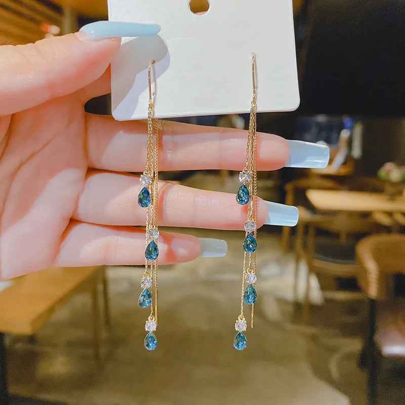 New 2023 Korean Long Red Zircon Ear Line Hang Crystal Dangle Earrings For Women Fashion Party Jewelry Christmas Gift For Girls