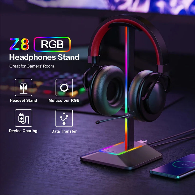 Hot sale Sma RGB Gaming Headphone Stand with USB Ports Support Touch Control Light For All Headphones Size