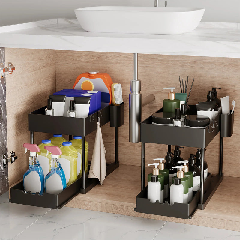 2Pcs 2-Tier Sliding Cabinet Organizer, Pull-Out Under Sink Rack, Double-Layer Storage Shelf for Kitchen & Bathroom