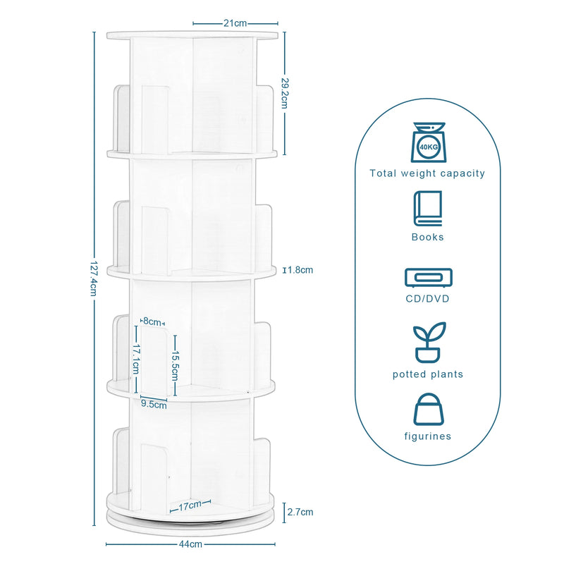 White Rotating Bookcase Storage 4-Tier Book Shelf 16 Compartments for Living Room Office Children's Room Organizer Decoration