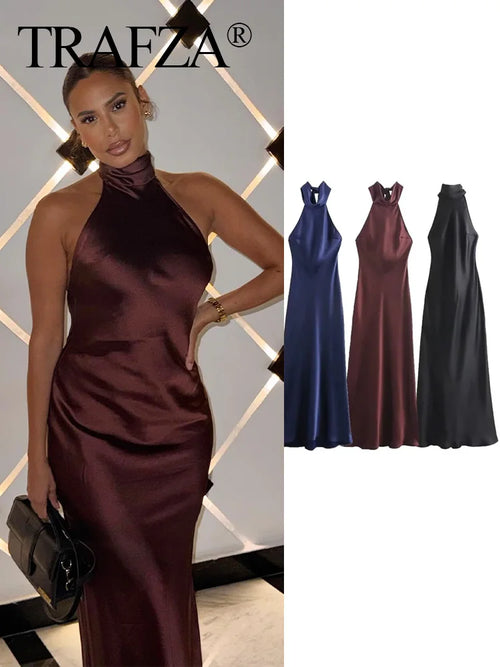 TRAFZA 2024 Damen Elegante schmale lange Kleider Einfarbig Ärmellos Rückenfrei Schleifenverzierung Reißverschluss Sommer Langes Kleid Damen Sexy Trendig
