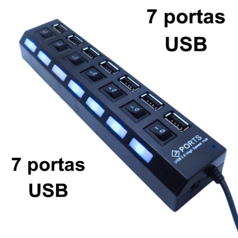 Hub De Usb 7 Portas 2.0 Extensor ultra rapido com Botão Liga/Desliga Converter Expansor Para Pc Computador Not