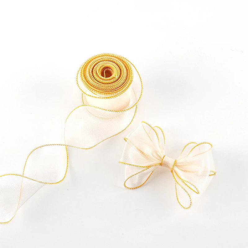 10Yards Sheer Wired Organza Ribbon With Golden Edge Chiffon Ribbon for Wedding Birthday Gift  Bouquet Wrapping DIY Decorations