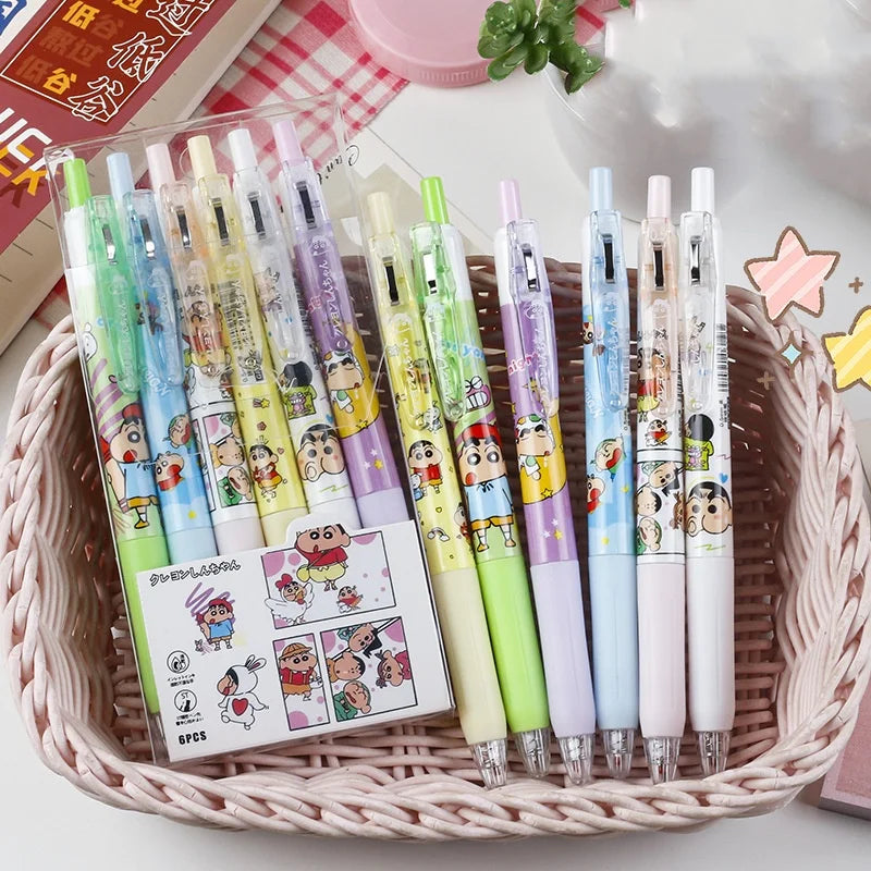 Crayon Shin-chan Black Gel Pen 6Pcs Cartoon Student Stationery Cute Math Pen, School Office Supplies