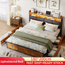Comanlai Polsterbett, 180 x 200 cm, Eisenrahmen, Doppelbett mit LED-Beleuchtung und 4 Schubladen, gepolstertes Bett mit Lattenrost