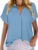 Women's Short Sleeve Chiffon Shirt for Office Work Business Wear Collared Shirt