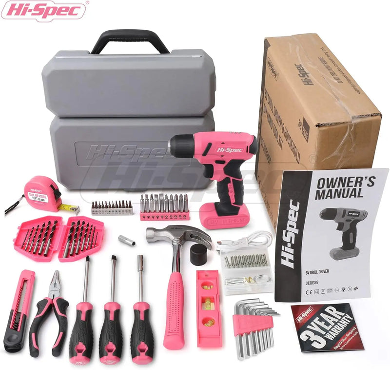 Hi-Spec Drill Set 58pc Pink Tool Set 8V USB Electric Drill Driver & Household Tool Kit.
