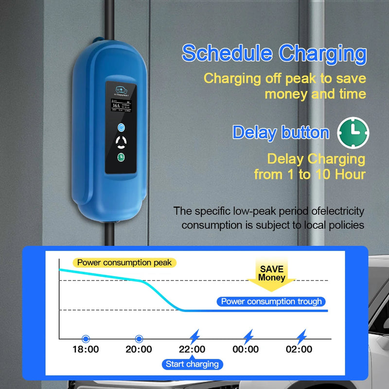 Kolanky EV Charger 16A 11KW Type 2 IEC-62169 Plug Adjust Current Timer Charging For Hybrid Eletric Vehicle Cars 5M Cable