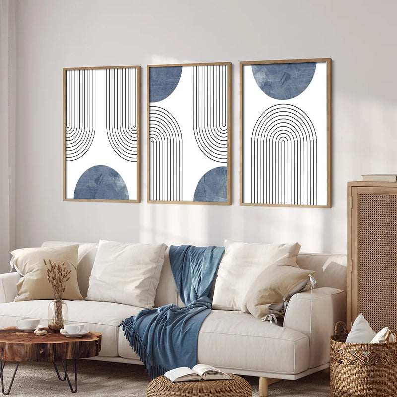 Set of 3 Blue Mid-century Retro Geometric Art Poster Print Boho Simple Line Abstract Wall Decor Painting Minimalist Wall Picture