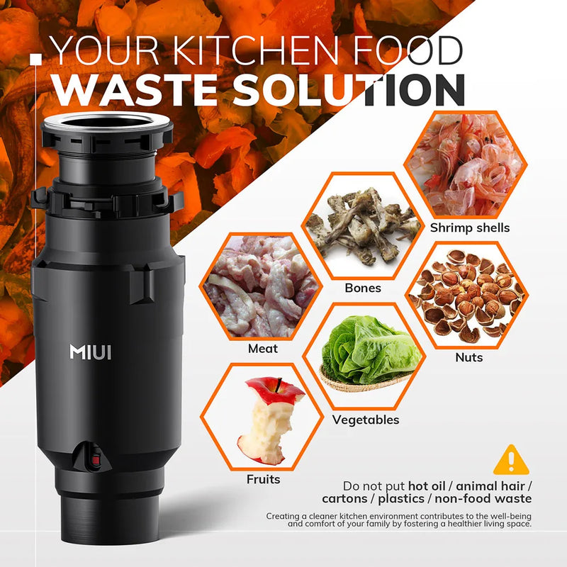 MIUI Garbage Disposal with Sound Reduction,1/2 HP Food Waste Disposer with Stainless Steel Grinding System,Continuous Feed