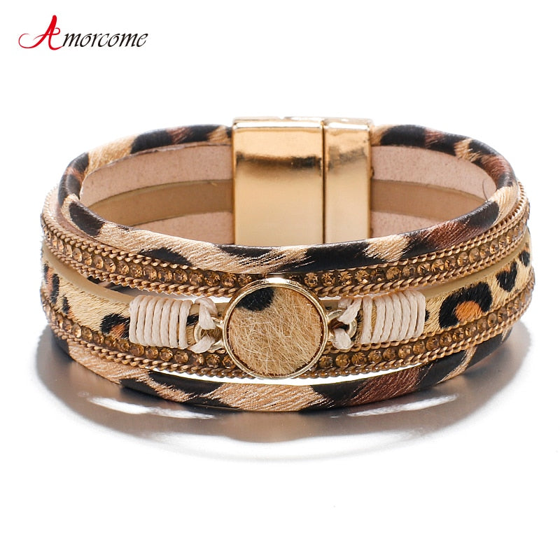 Amorcome Bohemian Round Charm Leopard Leather Bracelets for Women Crystal Wide Wrap Bracelet Fashion Bracelets & Bangles Jewelry