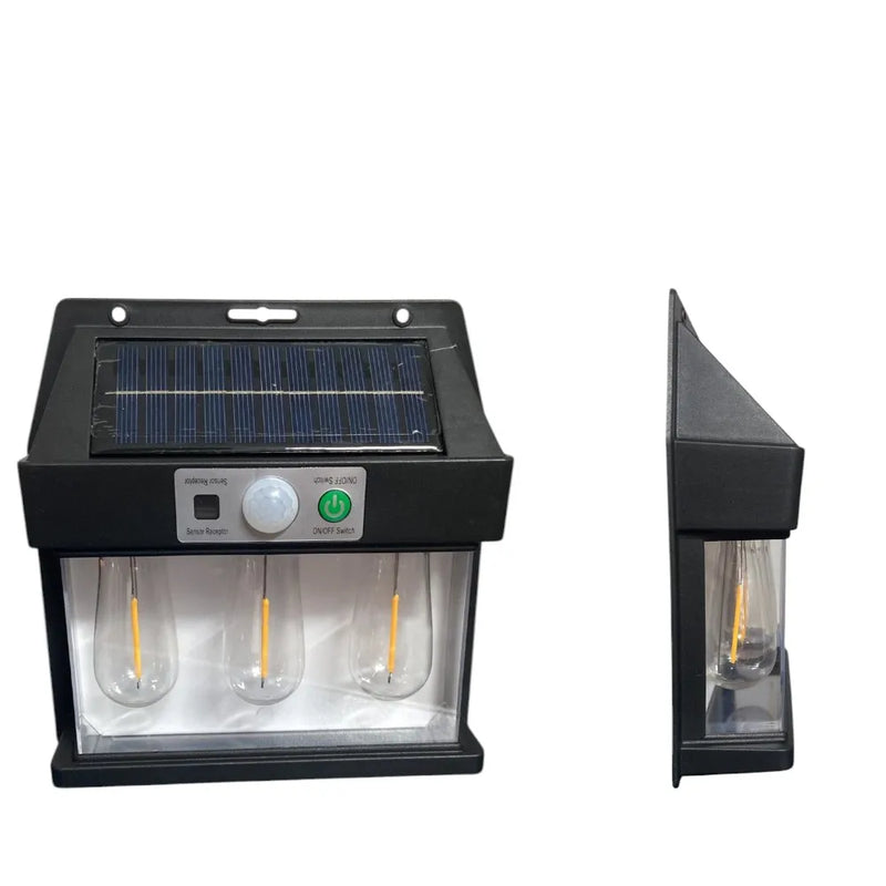 Luminária Solar 3 lampadas com Sensor de Movimento para Parede Externa LED Energia Solar com Filamento Colonial